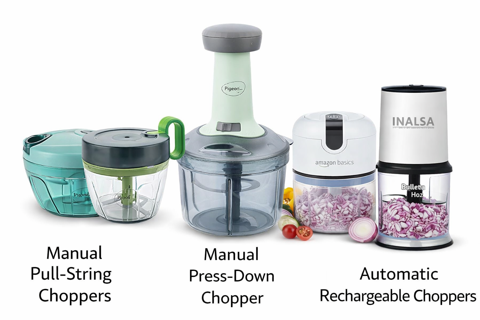 Types of vegetable choppers in India – pull-string manual, press-down manual and rechargeable electric choppers