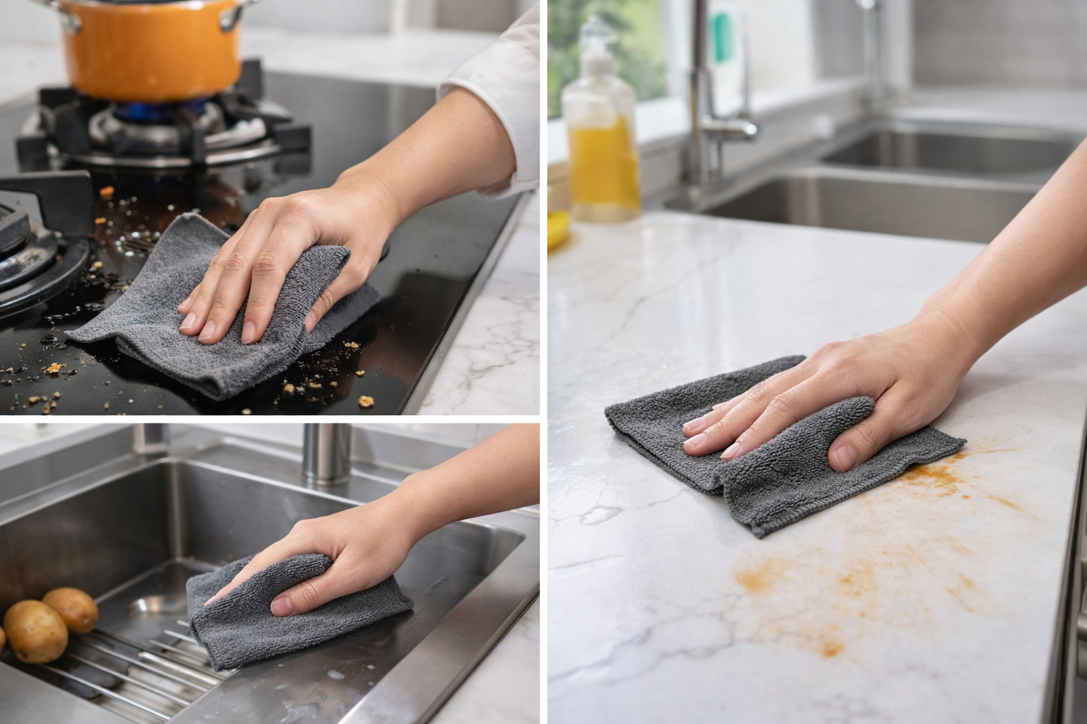 Microfiber cloth used for cleaning kitchen countertop, sink, and dining table in Indian home