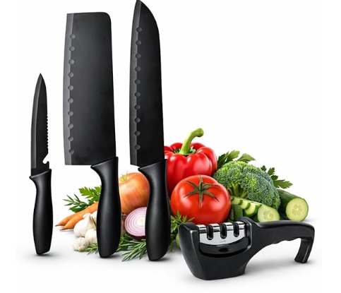 Kitchen knife set with built in sharpener for efficient cutting and slicing