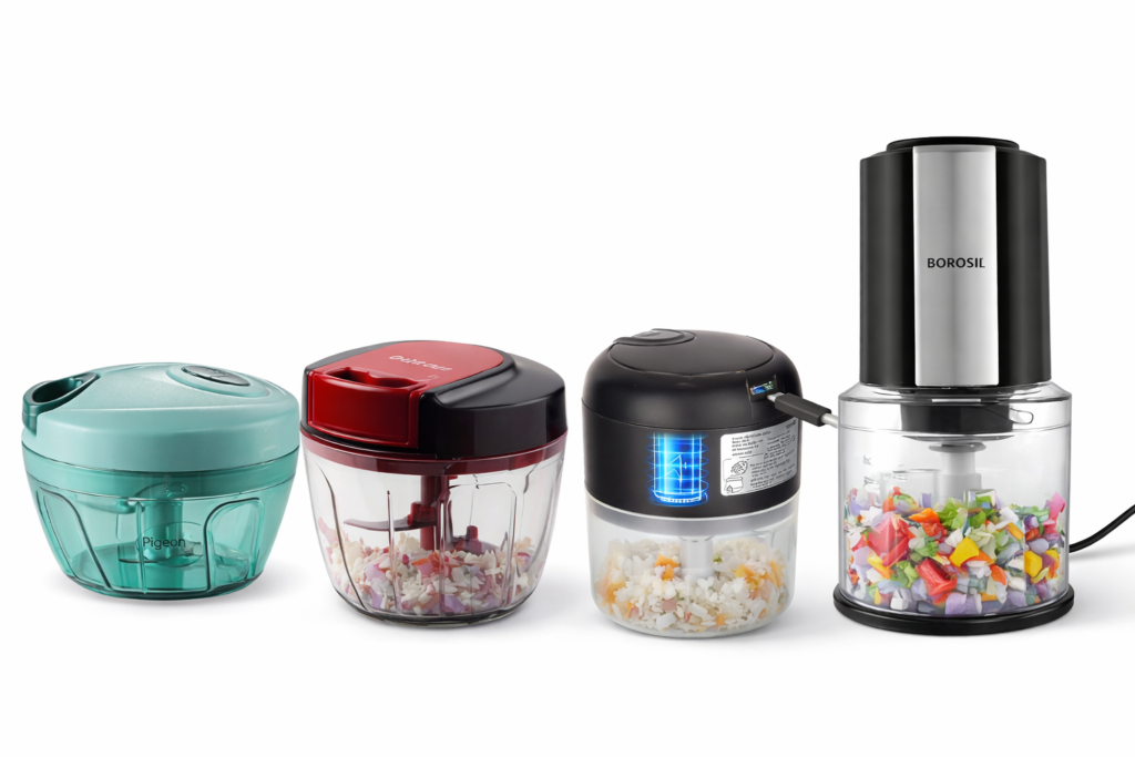 Manual and electric vegetable choppers suitable for small family kitchens in India