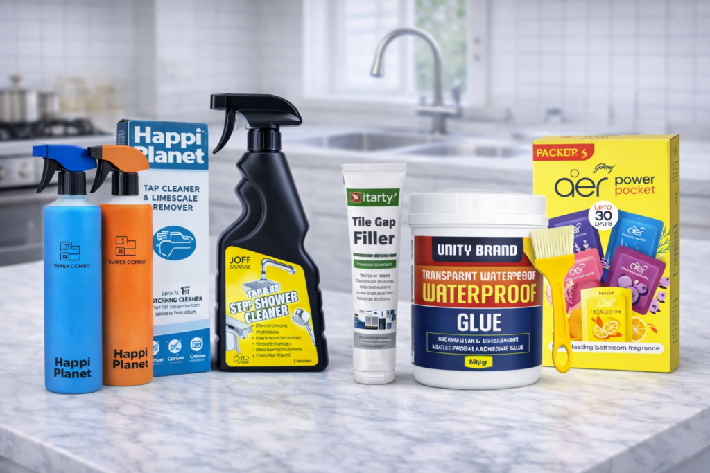 Modern cleaning and maintenance products for Indian homes including limescale remover, tile cleaner, gap filler, waterproof glue and air fresheners